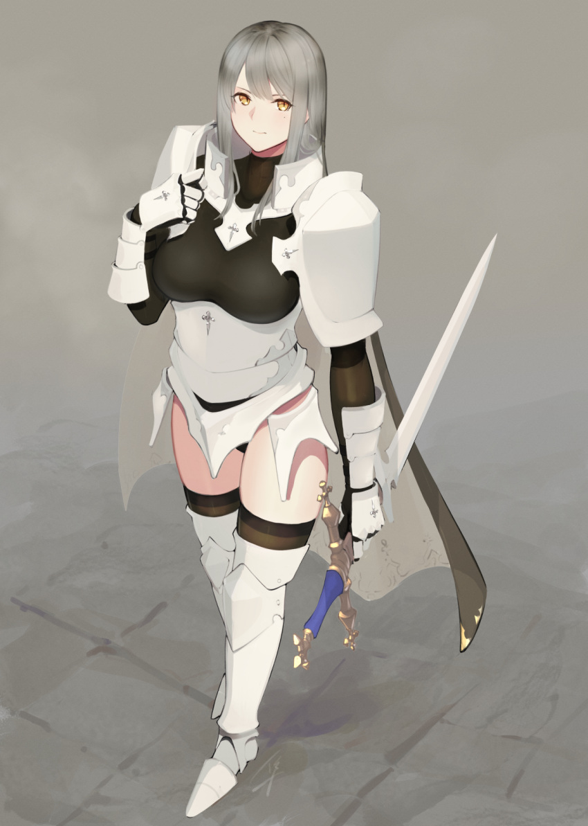 1girl armor blush breasts brown_legwear cape clip_studio_paint_(medium) faulds full_body gauntlets grey_cape grey_hair hand_up hayabusa highres holding holding_sword holding_weapon large_breasts latin_cross long_hair looking_at_viewer metal_boots mole mole_under_eye orange_eyes original pauldrons reverse_grip shoulder_armor solo standing sword thigh-highs two-sided_cape two-sided_fabric underbust weapon white_cape