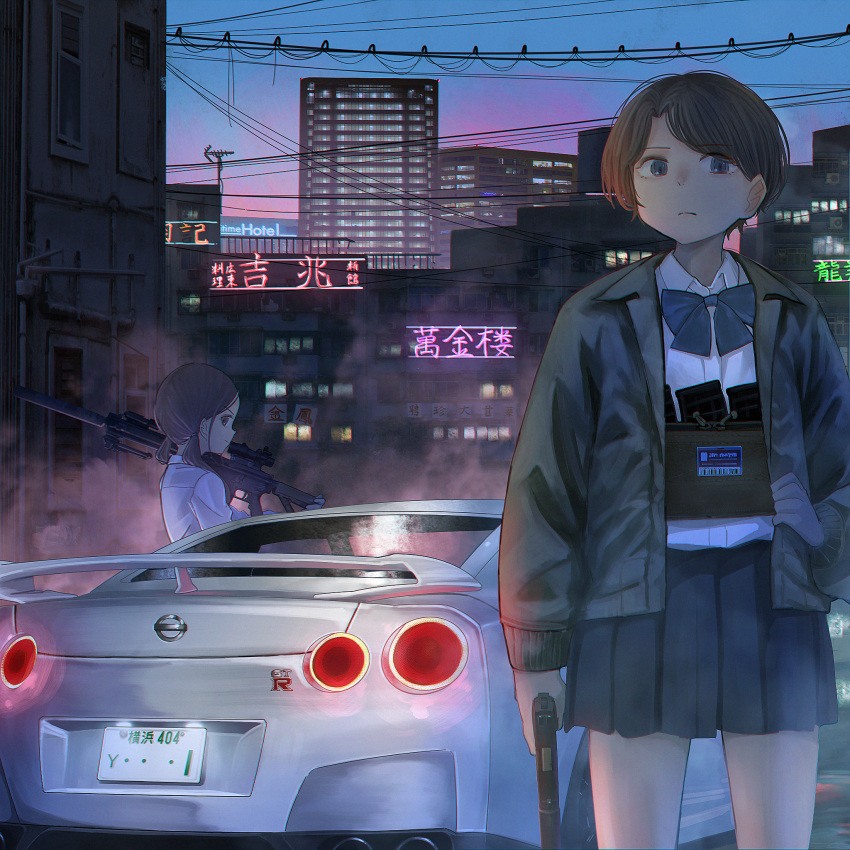 2girls bow bowtie brown_eyes car city collared_shirt cowboy_shot daofu1911 dusk grey_eyes ground_vehicle gun handgun highres holding holding_weapon huge_filesize jacket long_hair looking_at_viewer magazine_(weapon) motor_vehicle multiple_girls neon_lights nissan original pistol pleated_skirt power_lines rifle shirt short_hair skirt sky weapon white_shirt