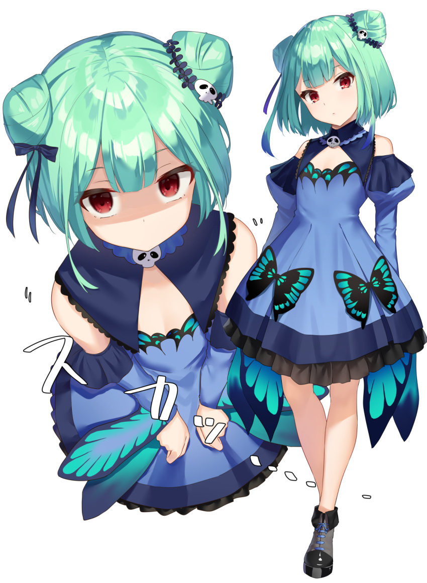 1girl bangs blue_bow blue_dress blue_sleeves bow closed_mouth detached_sleeves double_bun dress eyebrows_visible_through_hair green_hair hair_bow hair_ornament head_tilt highres hololive juliet_sleeves k_mugura long_sleeves looking_at_viewer multiple_views puffy_sleeves red_eyes shaded_face simple_background skull_hair_ornament sleeveless sleeveless_dress standing uruha_rushia virtual_youtuber white_background wide_sleeves