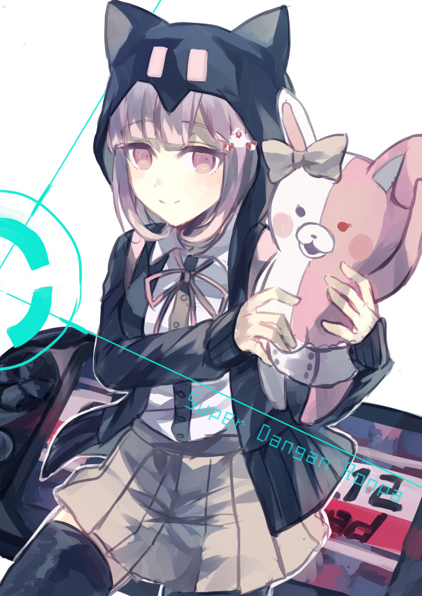 1girl absurdres animal_ears animal_hood backpack bag bangs beige_skirt black_legwear cat_bag cat_hood collared_shirt commentary copyright_name dangan_ronpa dokoda_no_dareka eyebrows_visible_through_hair fake_animal_ears hair_ornament hairclip handheld_game_console highres holding holding_stuffed_toy hood hood_up hoodie looking_at_viewer monomi_(dangan_ronpa) nanami_chiaki neck_ribbon oversized_object pink_eyes pink_hair pink_ribbon playstation_portable ribbon shirt short_hair skirt sleeves_past_wrists smile solo stuffed_animal stuffed_bunny stuffed_toy super_dangan_ronpa_2 thigh-highs white_background white_shirt