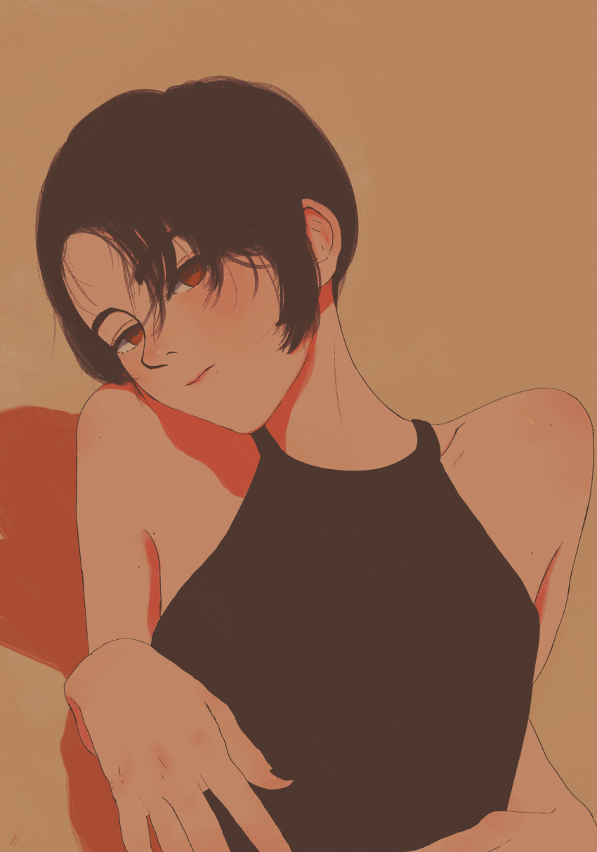 1girl absurdres akino_kogomi bangs bare_shoulders black_hair brown_eyes closed_mouth head_tilt highres looking_at_viewer mole mole_on_shoulder mole_under_eye mole_under_mouth nail_polish orange_background original short_hair simple_background solo upper_body