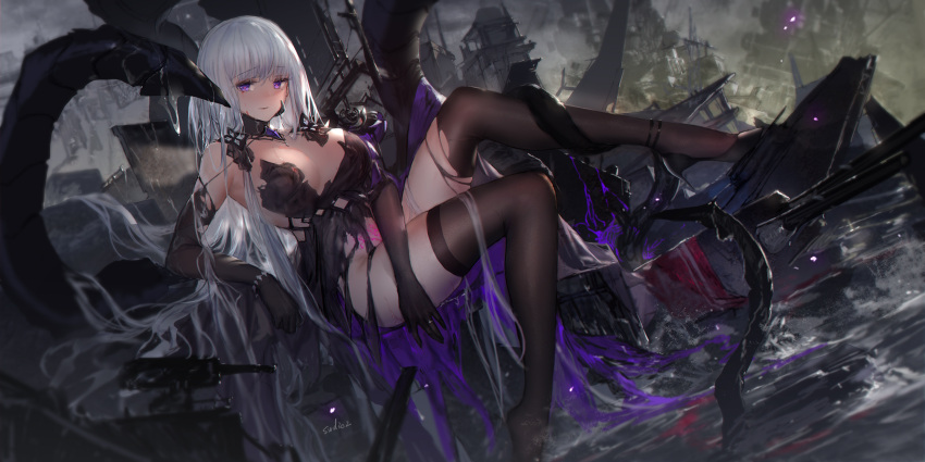 1girl artillery artist_name azur_lane black_dress black_footwear black_gloves black_legwear breasts corruption detached_collar dress elbow_gloves full_body gloves high_heels highres illustrious_(azur_lane) large_breasts long_hair mechanical_tentacles pubic_tattoo rigging shoes skindentation solo swd3e2 tattoo tentacles thigh-highs torn_clothes torn_dress turret very_long_hair violet_eyes water white_hair