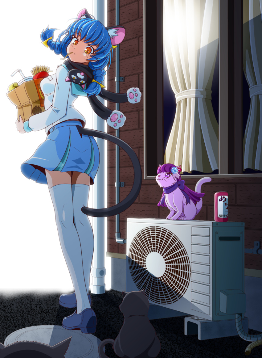 1girl alley animal_ears animal_on_shoulder animalization bag bechamel blue_footwear blue_hair blue_skirt braid cat cat_ears cat_girl cat_tail curtains food_in_mouth from_behind full_body highres holding holding_bag kirakira_precure_a_la_mode kotozume_yukari looking_back mcdonald's miniskirt outdoors precure skirt star_twinkle_precure tail thigh-highs thighs twin_braids uniform walking white_legwear yellow_eyes yuni_(precure) zettai_ryouiki