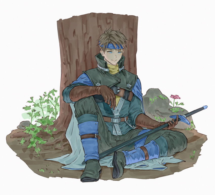 1boy 45liza109 absurdres blue_eyes blue_headband brown_gloves brown_hair cape closed_mouth flik flower full_body gensou_suikoden gloves grass headband highres holding holding_sheath holding_sword holding_weapon huge_filesize male_focus outdoors pink_flower rock scabbard sheath sheathed sitting smile solo sword tree weapon