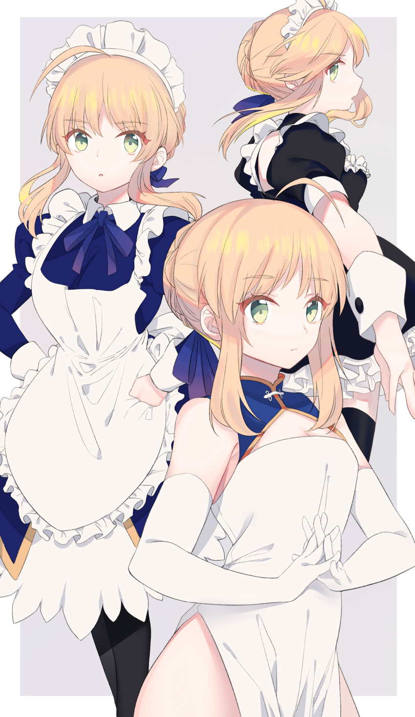 1girl absurdres ahoge artoria_pendragon_(all) bare_shoulders blonde_hair breasts china_dress chinese_clothes commentary_request dress elbow_gloves eyebrows_visible_through_hair fate/stay_night fate_(series) gloves green_eyes hair_bun highres long_sleeves maid maid_headdress multiple_views pantyhose saber sleeveless small_breasts suzuakks