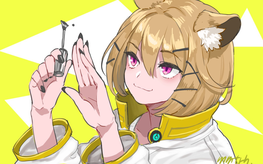 1girl animal_ear_fluff animal_ears arknights artist_name artist_request bangs black_nails brown_hair eyebrows_visible_through_hair hair_between_eyes highres jacket long_sleeves magenta_eyes nail_polish painting_nails short_hair signature smile solo upper_body utage_(arknights) white_jacket