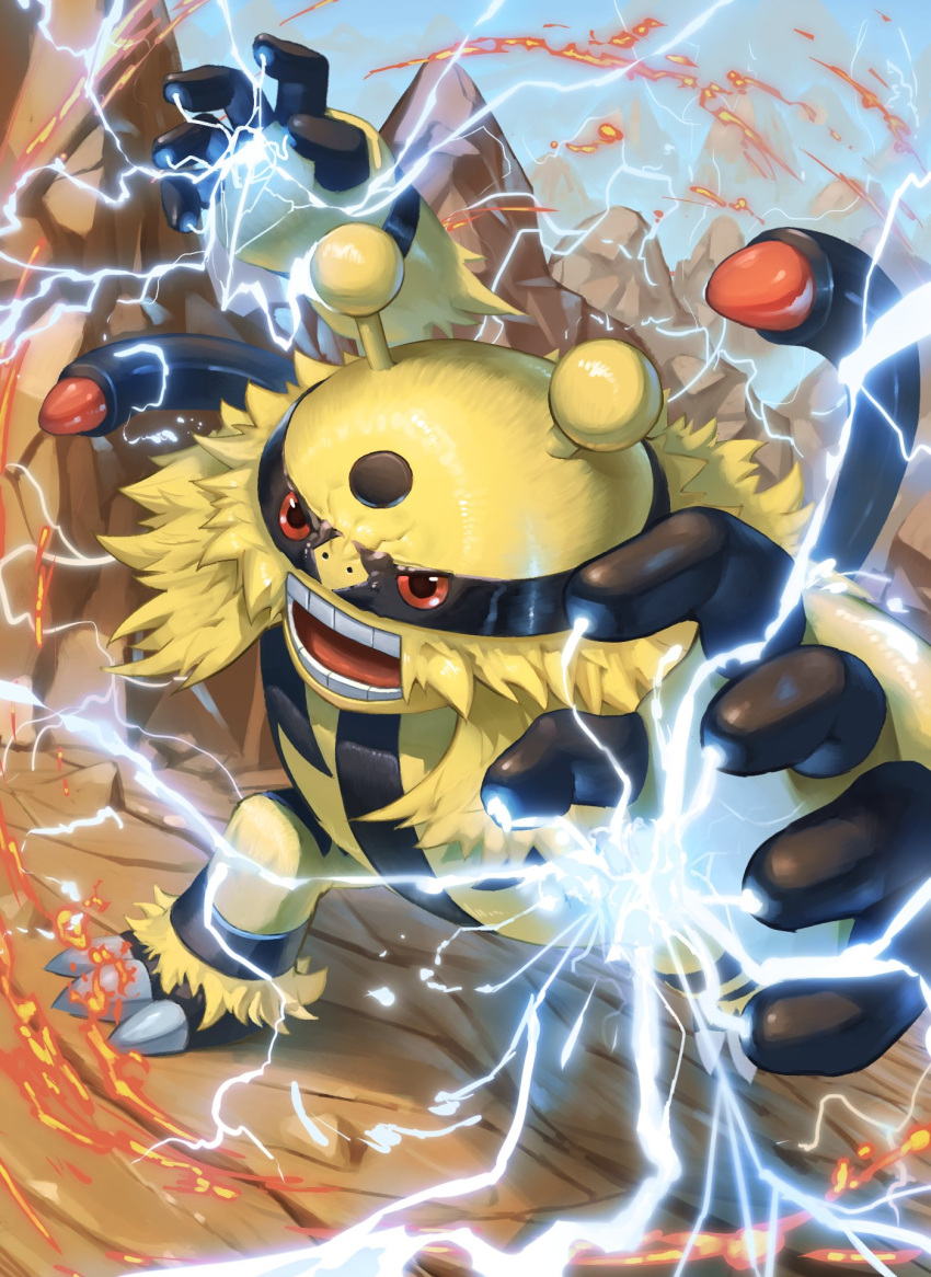 claws commentary_request day electivire electricity fire gen_4_pokemon highres leaning_forward no_humans open_mouth orange_eyes outdoors pokemon pokemon_(creature) shiny solo spareribs standing teeth tongue yellow_fur