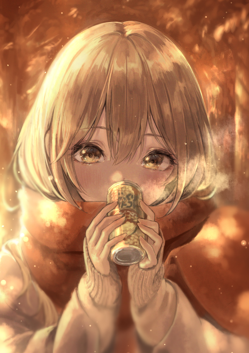 1girl absurdres autumn bangs beige_sweater blurry blurry_background blush breath brown_eyes brown_hair brown_scarf can commentary_request covered_mouth drinking eyebrows_visible_through_hair eyelashes hair_between_eyes highres holding holding_can huge_filesize long_sleeves looking_at_viewer marutani original scarf sepia short_hair sleeves_past_wrists snowing solo steam upper_body