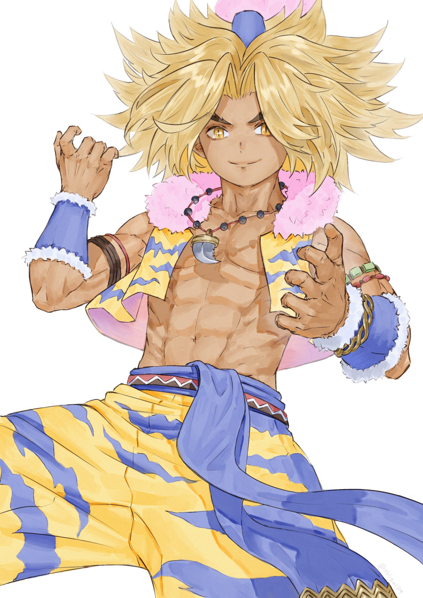 1boy 45liza109 absurdres animal_print armlet bare_shoulders black_sash blonde_hair closed_mouth collarbone dark_skin dark_skinned_male eyebrows_visible_through_hair fur_trim hat highres jewelry kevin_(seiken_densetsu_3) male_focus muscle navel necklace pectorals sash seiken_densetsu seiken_densetsu_3 slit_pupils smile solo tiger_print tooth_necklace twitter_username yellow_eyes