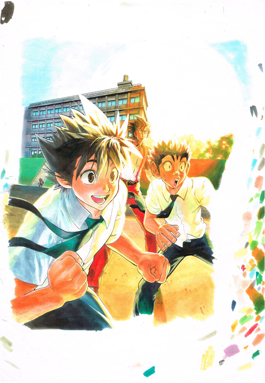 3boys :d :o absurdres bandaid bandaid_on_nose black_pants building character_request clenched_hand eyeshield_21 fingernails floating_necktie highres kobayakawa_sena male_focus multiple_boys murata_yuusuke necktie official_art open_mouth pants red_pants round_teeth scan school school_uniform shirt smile spiky_hair teeth traditional_media watercolor_(medium) white_shirt wide-eyed