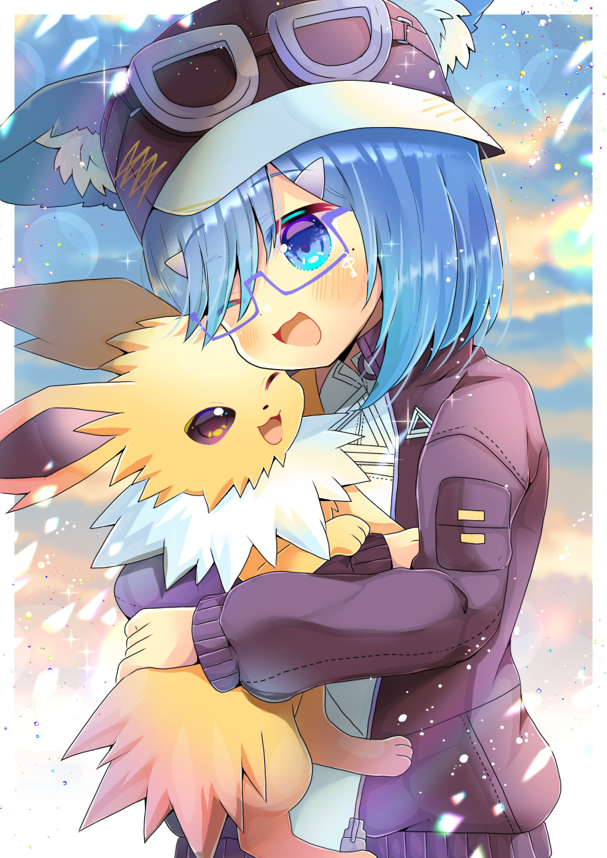 1girl ;d absurdres animal_ear_fluff animal_ears bangs blue_eyes blue_hair blurry blurry_background blush brown_eyes brown_headwear brown_jacket commentary_request depth_of_field eyebrows_visible_through_hair eyes_visible_through_hair gen_1_pokemon glasses goggles goggles_on_headwear hair_over_one_eye hat highres hug jacket jolteon kouu_hiyoyo long_hair long_sleeves one_eye_closed open_mouth original pokemon pokemon_(creature) puffy_long_sleeves puffy_sleeves purple-framed_eyewear semi-rimless_eyewear smile under-rim_eyewear upper_body