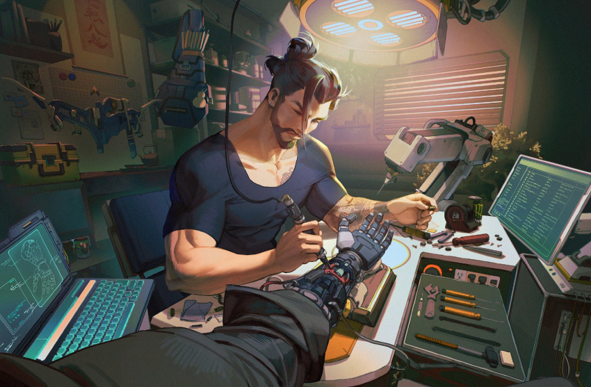 2boys arm_tattoo beard black_hair black_shirt bow computer earrings english_commentary et.m facial_hair hanzo_(overwatch) highres holding jewelry laptop looking_down male_focus mccree_(overwatch) mechanical_arm multiple_boys muscle mustache open_hand overwatch pliers pov repairing science_fiction screwdriver shirt solo_focus tattoo tied_hair wrench