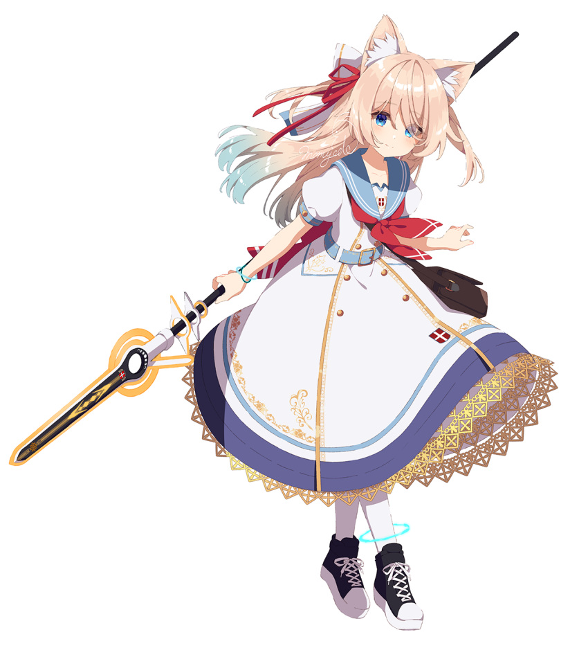 1girl animal_ear_fluff animal_ears bangs black_footwear blue_eyes blue_hair blue_sailor_collar blush closed_mouth commentary commission dress eyebrows_visible_through_hair eyes_visible_through_hair full_body gradient_hair hair_over_one_eye hair_ribbon highres holding holding_spear holding_weapon leaning_forward light_brown_hair long_hair looking_at_viewer mamyouda multicolored_hair original pantyhose polearm ponytail puffy_short_sleeves puffy_sleeves red_neckwear red_ribbon ribbon sailor_collar sailor_dress shoes short_sleeves signature simple_background smile solo spear standing very_long_hair weapon white_background white_dress white_legwear