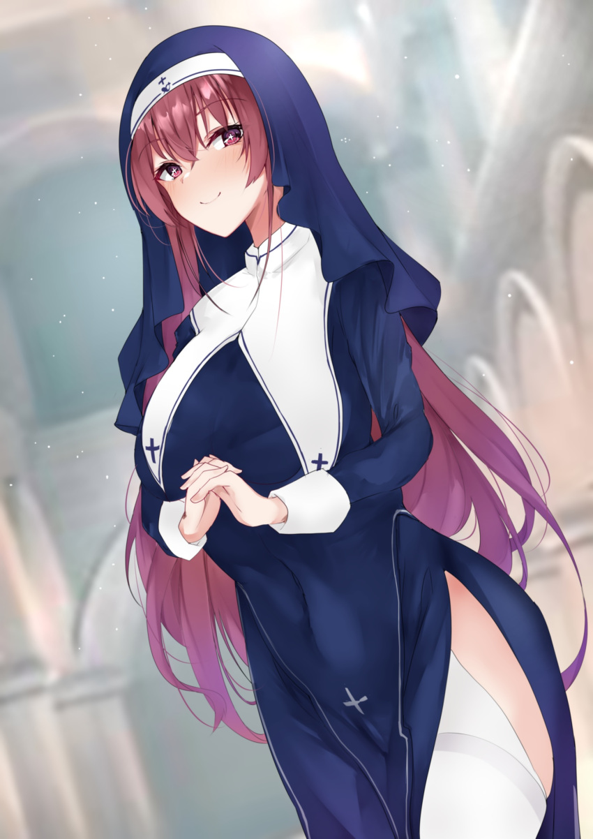 +_+ 1girl blue_dress blush breasts closed_mouth cowboy_shot dress habit hair_down highres hololive houshou_marine interlocked_fingers large_breasts long_hair long_sleeves looking_at_viewer mutou_(94753939) nun own_hands_clasped own_hands_together red_eyes redhead side_slit smile solo very_long_hair virtual_youtuber white_legwear