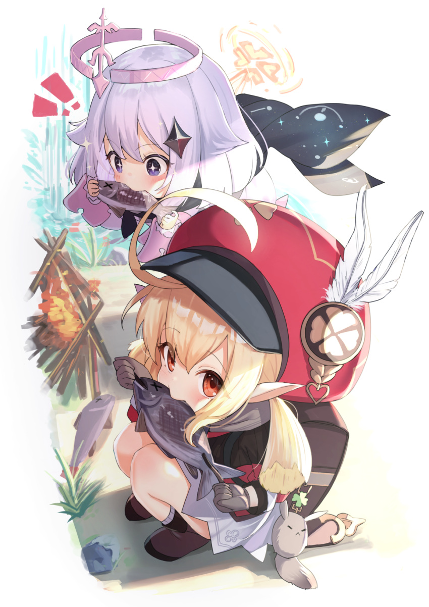 +_+ 2girls ahoge animal backpack bag bangs blonde_hair boots brown_footwear cabbie_hat commentary_request dress eating eyebrows_visible_through_hair fire fish food genshin_impact hair_between_eyes hat hat_feather highres holding holding_animal holding_fish holding_food klee_(genshin_impact) long_hair long_sleeves low_twintails multiple_girls paimon_(genshin_impact) pointy_ears red_dress red_eyes red_headwear ribbed_legwear sleeves_past_wrists socks tsukiman twintails violet_eyes white_dress white_feathers white_hair white_legwear