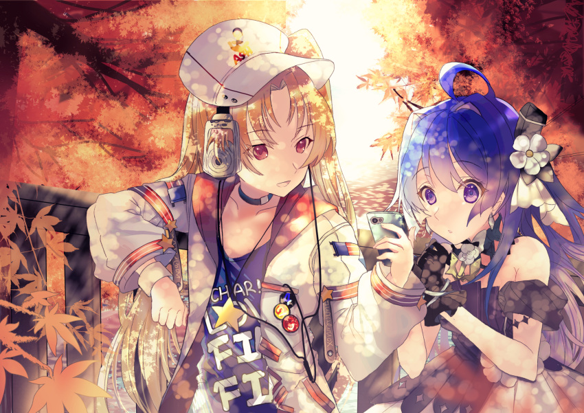 2girls ahoge autumn autumn_leaves azur_lane bare_shoulders black_choker black_gloves blue_dress blue_hair blue_shirt cellphone choker cleveland_(azur_lane) cleveland_(road_trip!)_(azur_lane) detached_collar dress eyebrows_visible_through_hair flower gloves hair_flower hair_ornament hat headphones helena_(azur_lane) helena_(may_i_have_this_dance?)_(azur_lane) highres holding holding_phone jacket long_hair multiple_girls orange_hair peaked_cap phone red_eyes shibaebi_(yasaip_game) shirt sleeveless sleeveless_dress smartphone strapless strapless_dress violet_eyes white_flower white_headwear white_jacket