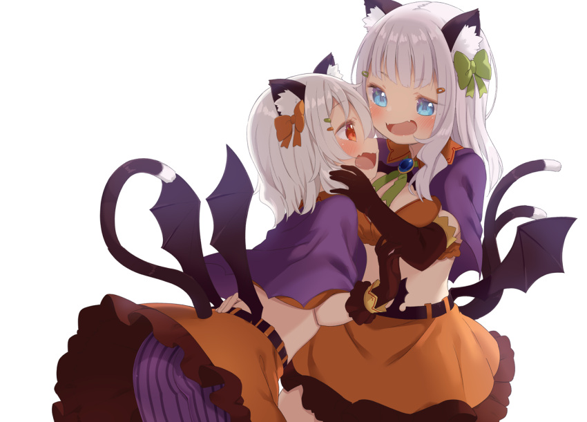 :d animal_ear_fluff animal_ears ass bangs black_gloves black_wings blue_eyes blush bow breasts brown_bow brown_skirt cat_ears cat_girl cat_tail elbow_gloves eye_contact eyebrows_visible_through_hair fangs frilled_skirt frills gloves green_bow hair_bow hair_ornament hairclip hand_on_another's_face leaning_forward long_hair looking_at_another low_wings muku_(muku-coffee) multiple_tails open_mouth original profile purple_capelet purple_shorts red_eyes sheeney_(muku) shiro_(muku) shorts silver_hair simple_background skirt small_breasts smile striped tail two_tails vertical-striped_shorts vertical_stripes white_background wings