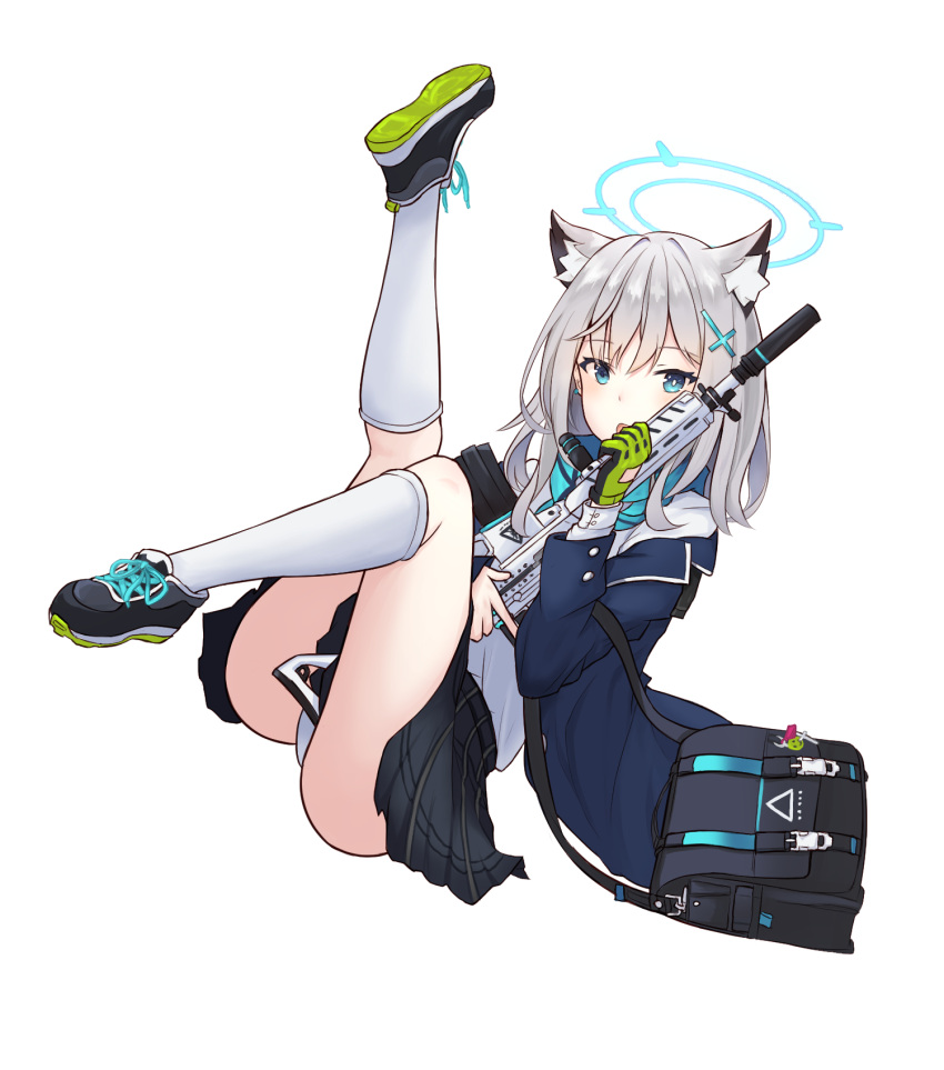 1girl animal_ear_fluff animal_ears bag black_footwear blue_archive blue_eyes cat_ears clov3r gloves grey_hair gun hair_ornament hairclip halo highres holding holding_gun holding_weapon long_hair long_sleeves looking_at_viewer open_mouth panties rifle scarf school_uniform shiroko_(blue_archive) simple_background skirt solo underwear weapon white_background white_legwear white_panties