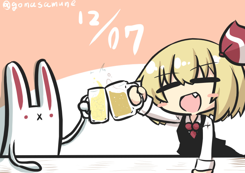 1girl :x absurdres artist_self-insert beer_mug black_vest blonde_hair blush_stickers chibi commentary_request cup dated eyebrows_visible_through_hair fang goma_(gomasamune) hair_ribbon highres long_sleeves mug necktie open_mouth rabbit ribbon rumia short_hair smile toast_(gesture) touhou twitter_username vest