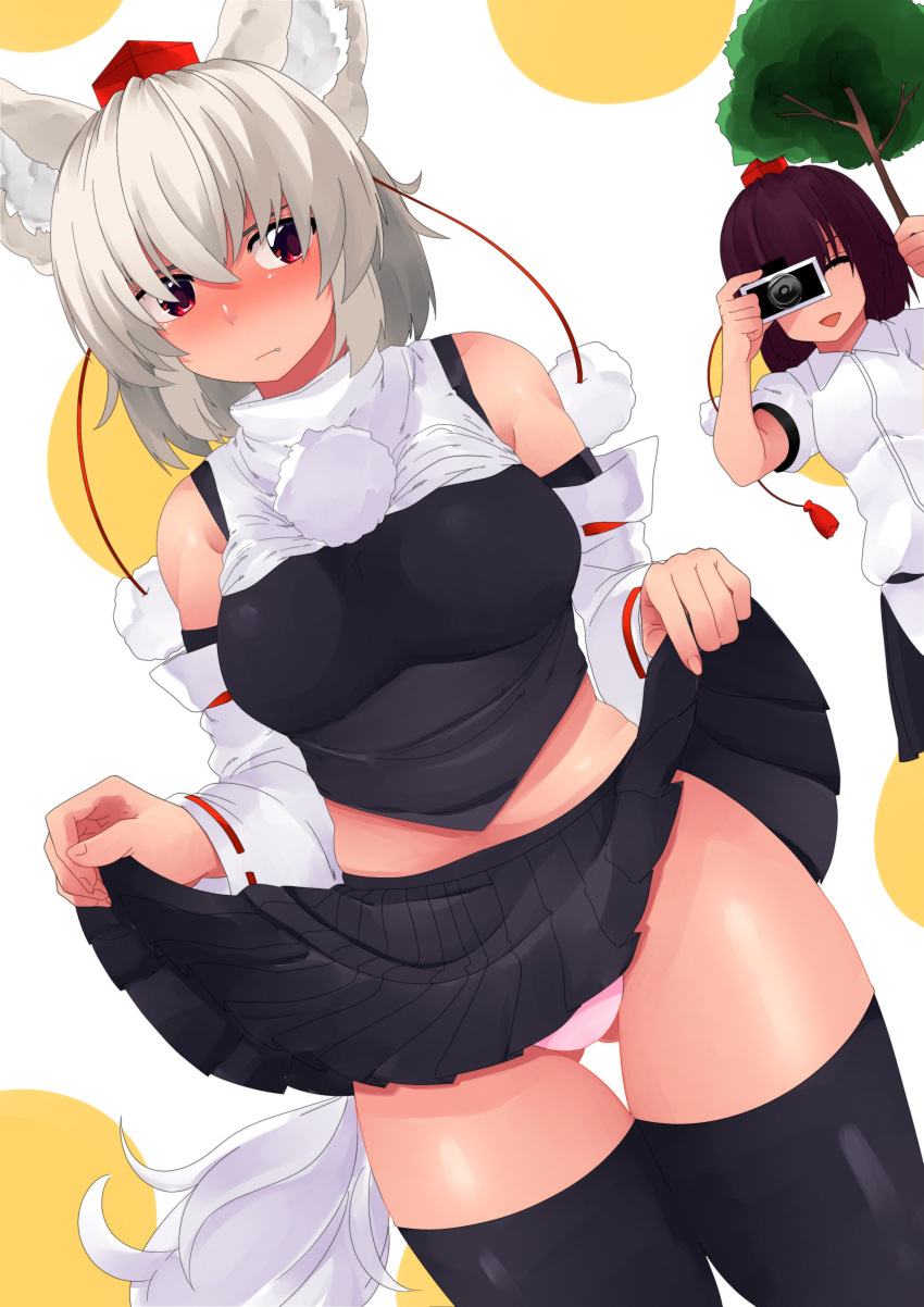 2girls absurdres animal_ears ass_visible_through_thighs bangs black_hair black_legwear black_shirt black_skirt blush camera closed_mouth commentary detached_sleeves fang frown hat highres holding holding_camera inubashiri_momiji lifted_by_self looking_at_viewer miniskirt multiple_girls open_mouth panties pleated_skirt pom_pom_(clothes) red_eyes red_headwear ribbon-trimmed_sleeves ribbon_trim shameimaru_aya shirokaba114 shirt short_hair short_sleeves silver_hair skirt skirt_lift sleeveless sleeveless_shirt smile standing tail taking_picture thigh-highs thigh_gap tokin_hat touhou underwear white_panties white_shirt white_sleeves wolf_ears wolf_tail