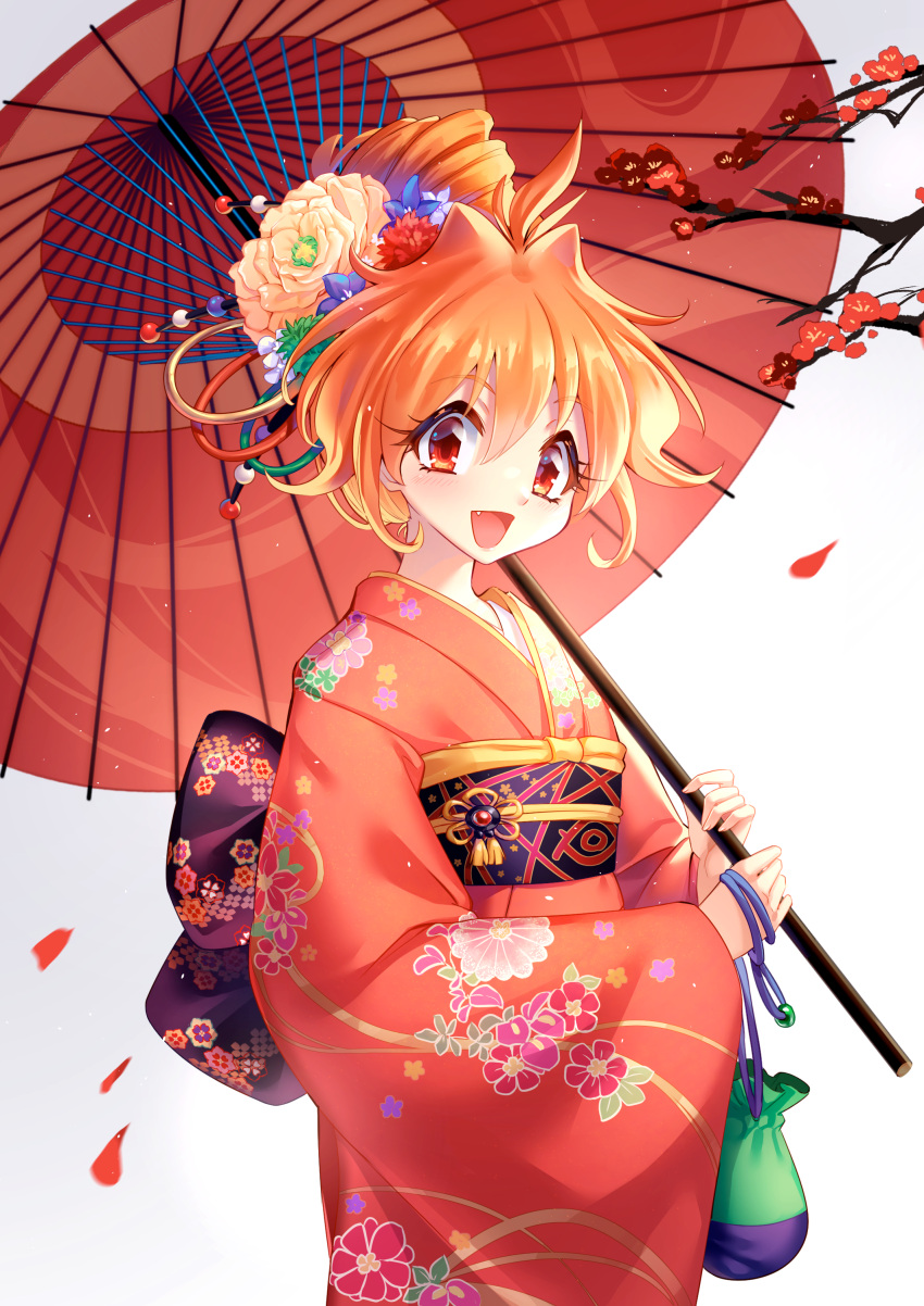 1girl absurdres alternate_costume bangs floral_print flower hair_flower hair_ornament highres holding holding_umbrella japanese_clothes kimono lalazyt lina_inverse long_hair long_sleeves oil-paper_umbrella open_mouth red_eyes slayers smile solo umbrella wide_sleeves