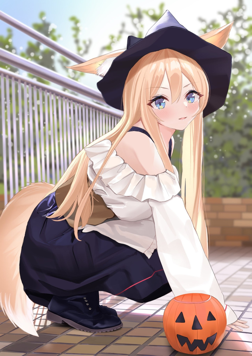 1girl animal_ear_fluff animal_ears arm_support blonde_hair blue_eyes blue_footwear blue_skirt blue_sky blurry blurry_background boots brick_wall dog_ears dog_girl dog_tail fence frills hair_between_eyes halloween_bucket hat highres long_hair long_sleeves looking_at_viewer megumi_kei off-shoulder_shirt off_shoulder original outdoors scenery shirt sidelocks skirt sky solo squatting tail tile_floor tiles tree white_shirt