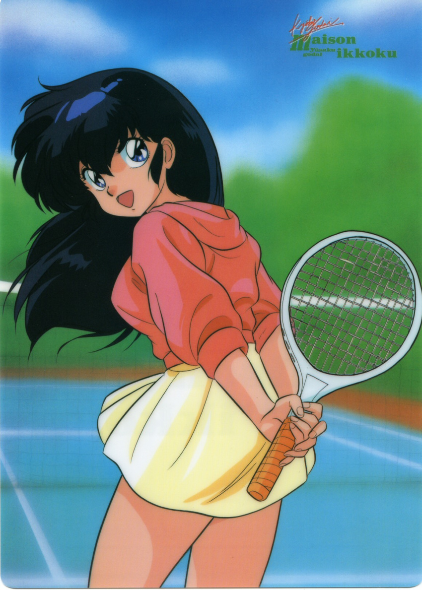 1980s_(style) 1girl :d arms_behind_back artist_request bangs black_hair blue_eyes blue_sky breasts clouds copyright_name cowboy_shot day floating_hair from_behind hair_between_eyes highres long_hair long_sleeves looking_at_viewer looking_back maison_ikkoku miniskirt non-web_source official_art open_mouth otonashi_kyouko outdoors pink_sweater puffy_long_sleeves puffy_sleeves racket retro_artstyle scan skirt sky smile solo sportswear standing sweater tennis_court tennis_racket v_arms wind yellow_skirt