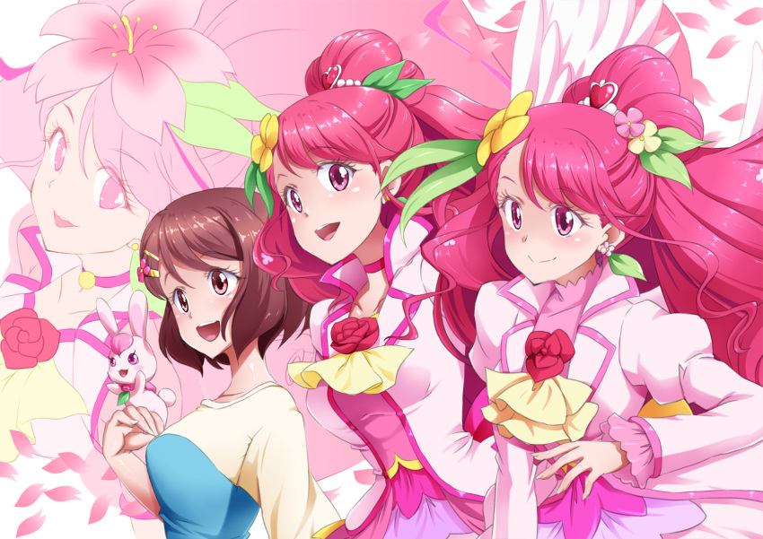 1girl :d animal_on_hand blush breasts brown_hair choker collarbone cure_grace earrings flower from_side hair_flower hair_ornament hairclip hanadera_nodoka healin'_good_precure highres jewelry long_hair long_sleeves looking_at_viewer magical_girl medium_breasts multiple_persona open_mouth pink_choker pink_eyes pink_hair ponytail precure rabirin_(precure) shiruppo short_hair smile upper_body