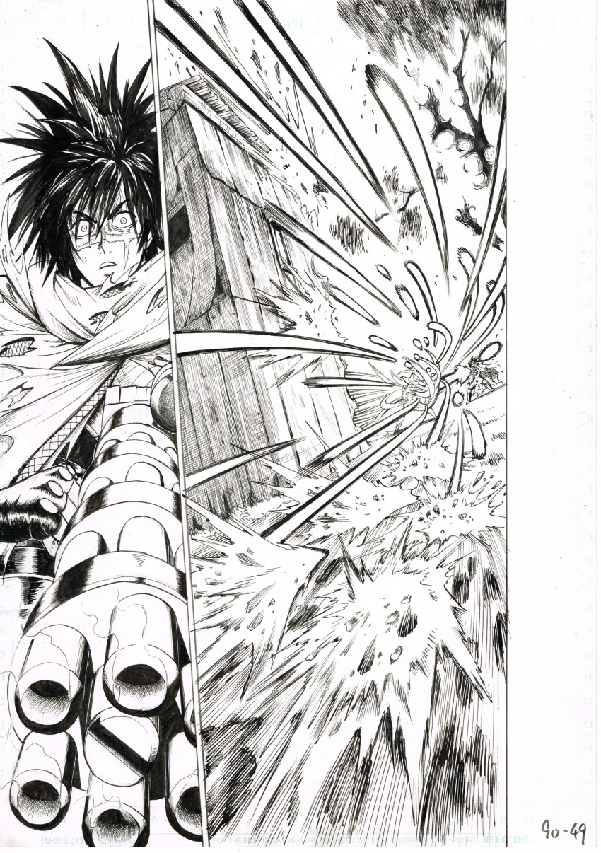 2boys absurdres cape death_gatling firing garou_(one-punch_man) gatling_gun greyscale gun highres long_hair machine_gun monochrome multiple_boys murata_yuusuke numbered official_art one-punch_man scan scar scar_on_face spiky_hair sweat torn_cape torn_clothes weapon wide-eyed