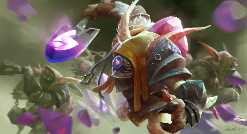 4boys armor blue_eyes bracer claws crowgod defense_of_the_ancients dota_2 gem gloves highres hood jumping looking_at_viewer male_focus mask meepo multiple_boys pointy_ears shoulder_armor shovel signature