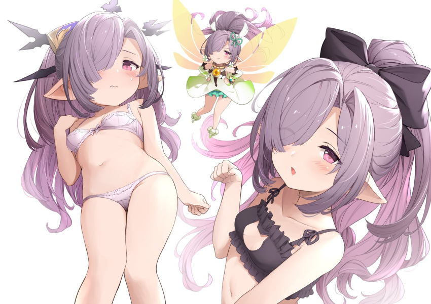 1girl ;o bangs bare_shoulders black_bra black_ribbon bra breasts cat_cutout cat_lingerie character_request clothing_cutout collarbone commentary eyes_visible_through_hair fairy_wings granblue_fantasy grey_hair hair_over_one_eye hair_ribbon hands_on_hips harvin iwao_(pixiv258710) long_hair looking_at_viewer meme_attire multiple_views navel one_eye_closed panties pink_eyes pointy_ears ponytail ribbon simple_background small_breasts symbol_commentary underwear underwear_only white_background white_bra white_panties wings