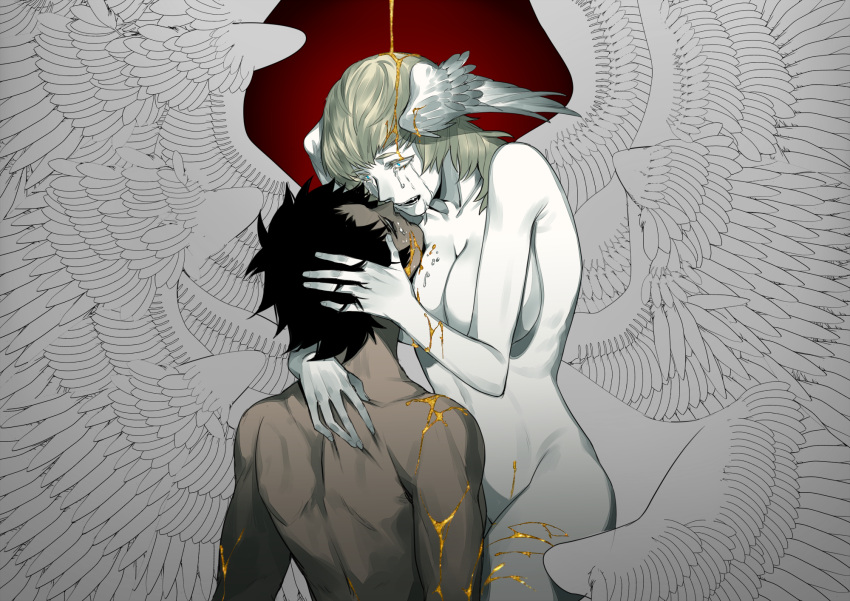 1boy 1other angel_wings bare_shoulders black_hair blonde_hair blue_eyes breasts cao_hong_anh colored_skin completely_nude crying death devilman devilman_crybaby dripping feathered_wings fingernails fudou_akira gold hand_on_another's_head head_wings highres looking_at_another medium_hair multiple_wings no_pupils nude open_mouth satan_(devilman) tears white_skin wings