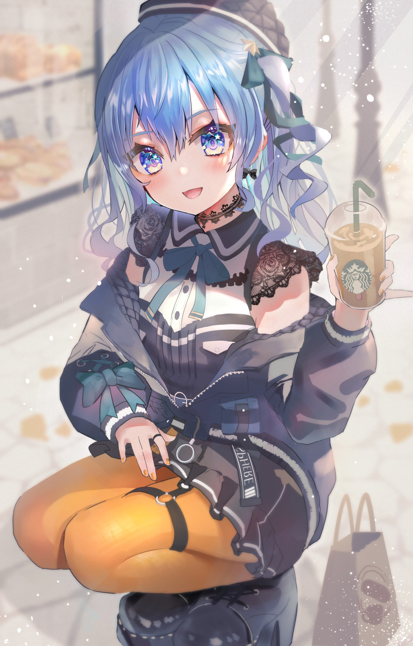 1girl absurdres bag black_footwear black_headwear black_jacket black_skirt blue_eyes blue_neckwear blush breasts coffee collared_shirt commentary cup dodota drinking_straw earrings eyebrows_visible_through_hair full_body hair_between_eyes highres holding holding_cup hololive hoshimachi_suisei huge_filesize jacket jewelry lace-trimmed_shirt lace_trim light_blue_hair light_rays long_hair looking_at_viewer miniskirt nail_polish neck_ribbon o-ring off_shoulder official_alternate_costume open_mouth orange_legwear orange_nails pantyhose partially_unzipped ribbon shirt shoes side_ponytail skirt sleeveless sleeveless_shirt small_breasts smile solo squatting star_(symbol) star_in_eye starbucks symbol_in_eye thigh_strap virtual_youtuber