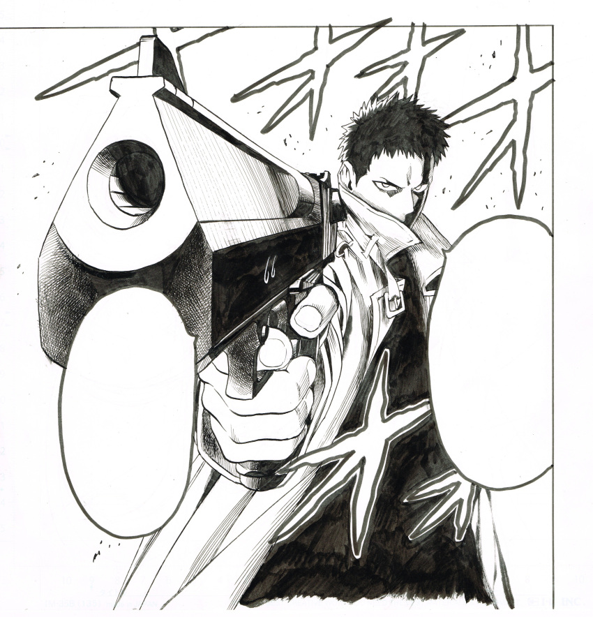 1boy absurdres coat covered_mouth finger_on_trigger foreshortening greyscale gun handgun highres holding holding_gun holding_weapon looking_at_viewer male_focus monochrome murata_yuusuke official_art one-punch_man open_clothes open_coat pistol sanpaku scan short_hair solo traditional_media weapon zombieman