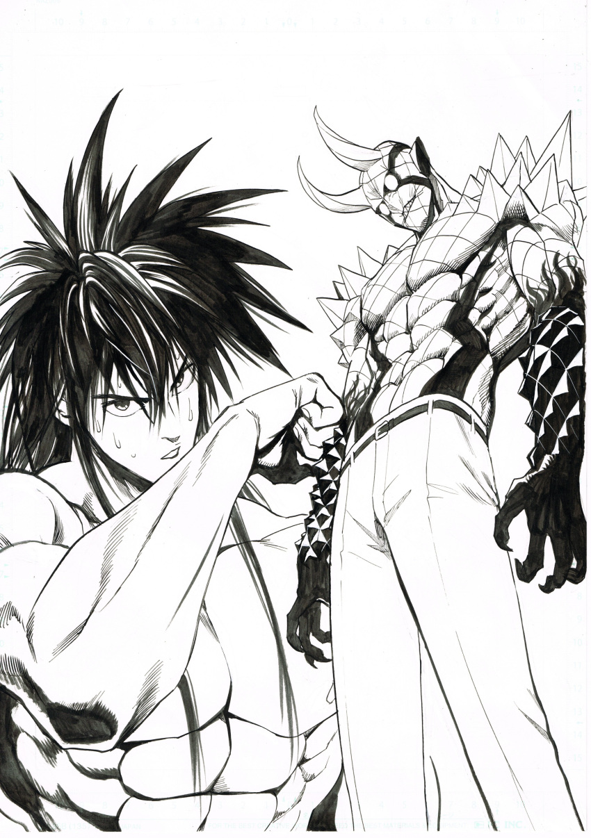 2boys absurdres belt character_request greyscale highres horns long_hair looking_at_viewer monochrome multiple_boys murata_yuusuke muscle nipples official_art one-punch_man pants parted_lips scan sharp_teeth simple_background spiky_hair standing suiryuu_(one-punch_man) sweat teeth traditional_media white_background