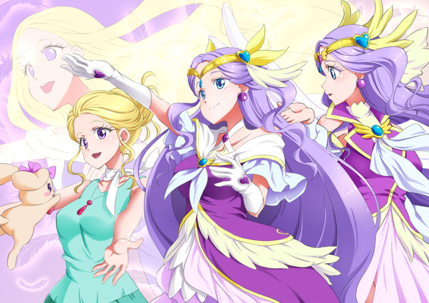 1girl blonde_hair blue_eyes blush breasts circlet collarbone cure_earth dress earrings elbow_gloves feathers fuurin_asumi gloves green_shirt healin'_good_precure highres jewelry large_breasts long_hair magical_girl multiple_persona open_mouth precure purple_dress purple_hair shirt shiruppo smile tiara upper_body very_long_hair violet_eyes white_gloves wings