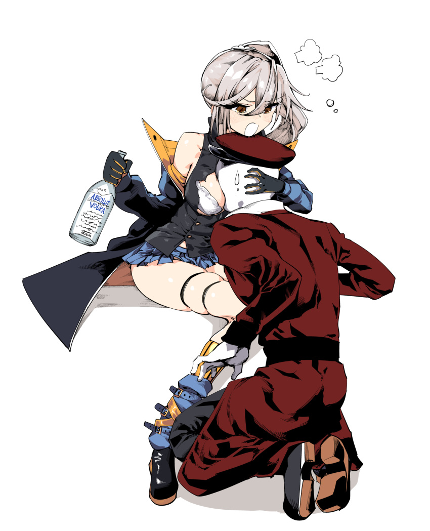 1boy 1girl absolut_vodka alcohol asymmetrical_hair blush bottle breast_press breast_smother brown_eyes commander_(girls_frontline) face_to_breasts girls_frontline grey_hair highres kinbakuman long_hair miniskirt open_mouth pkp_(girls_frontline) side_ponytail skindentation skirt sweatdrop tearing_up thigh_strap torn_clothes vodka