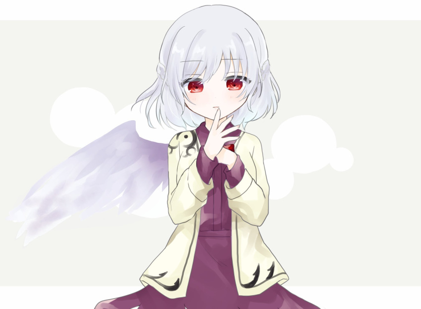 1girl angel_wings bangs beige_background beige_jacket blush bow bowtie braid cowboy_shot dress finger_to_mouth fingernails french_braid highres kishin_sagume long_sleeves looking_at_viewer parted_lips purple_dress red_bow red_eyes red_neckwear short_hair silver_hair simple_background single_wing solo standing touhou umi_(nana_spring) wings