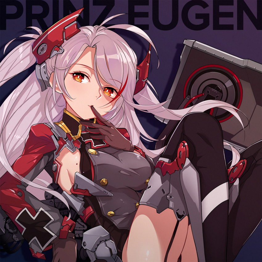 1girl antenna_hair azur_lane bangs black_gloves black_legwear breasts brown_eyes character_name eyebrows_visible_through_hair finger_to_mouth floating_hair garter_straps gloves hair_between_eyes head_tilt headgear highres iron_cross lave2600 long_hair long_sleeves looking_at_viewer machinery medium_breasts mole mole_on_breast multicolored_hair prinz_eugen_(azur_lane) redhead rigging silver_hair solo streaked_hair swept_bangs thigh-highs thighs two_side_up vector_trace very_long_hair