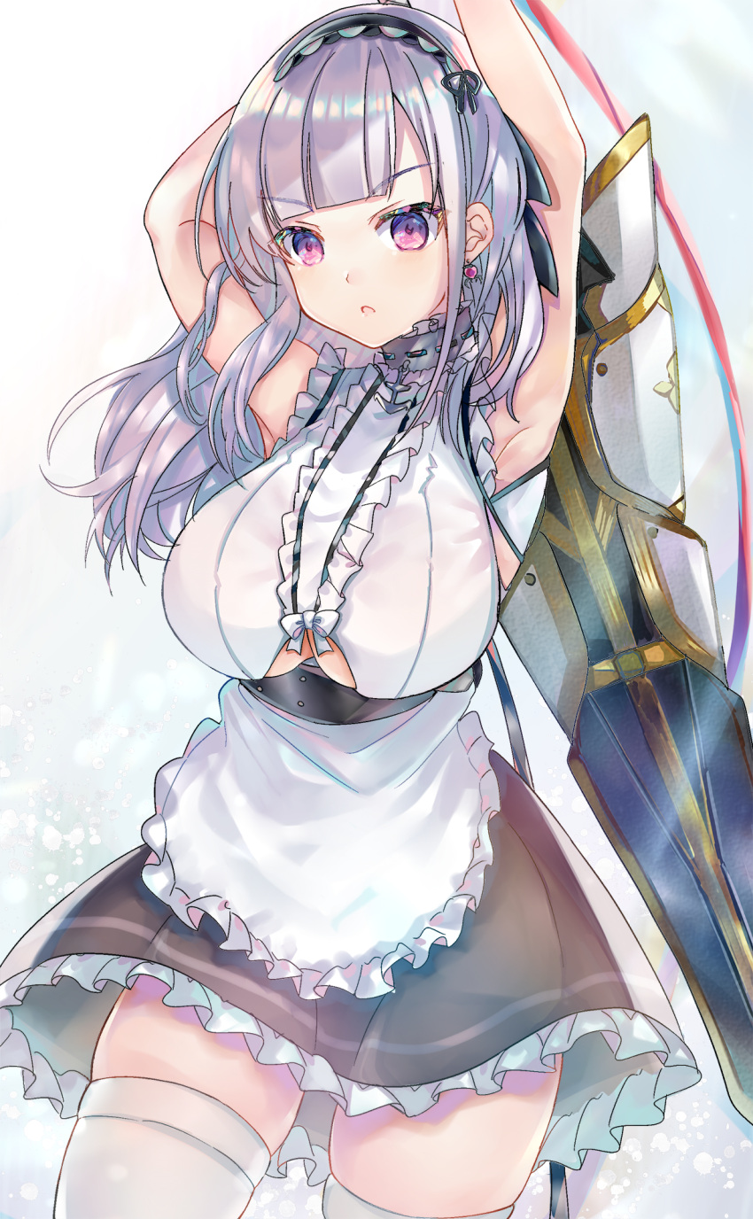 1girl anchor_choker anchor_necklace apron azur_lane black_hairband black_skirt breasts center_frills choker clothing_cutout dido_(azur_lane) earrings eyebrows_visible_through_hair frilled_choker frilled_skirt frills hairband heart heart_earrings highres holding holding_sword holding_weapon jewelry lace-trimmed_hairband lace_trim large_breasts maid shibaebi_(yasaip_game) shirt skirt sleeveless sleeveless_shirt solo sword thigh-highs under_boob underboob_cutout violet_eyes waist_apron weapon white_apron white_hair white_legwear white_shirt zettai_ryouiki