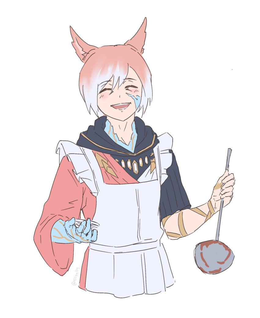 1boy 45liza109 absurdres animal_ears apron blush cat_ears closed_eyes crystal crystal_exarch eyebrows_visible_through_hair facial_mark final_fantasy final_fantasy_xiv g'raha_tia grey_hair hair_between_eyes highres holding holding_ladle ladle male_focus miqo'te multicolored multicolored_hair open_mouth red_eyes redhead simple_background slit_pupils smile solo teeth twitter_username white_apron white_background