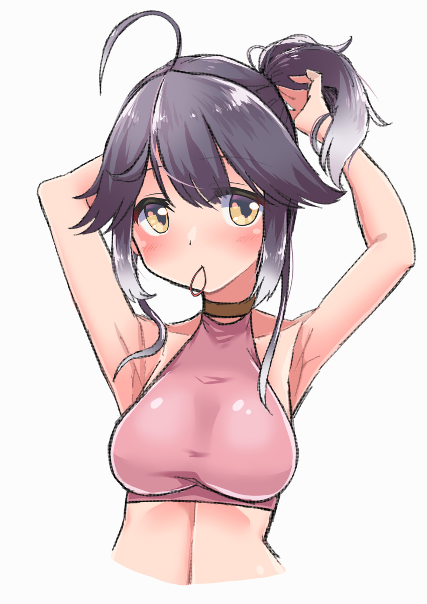 1girl absurdres ahoge breasts choker commentary_request grey_hair hayanami_(kantai_collection) highres kantai_collection komb looking_at_viewer medium_breasts mouth_hold ponytail rubber_band short_hair side_ponytail simple_background solo sports_bra upper_body white_background yellow_eyes