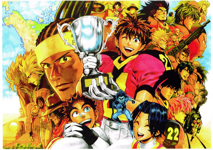 1girl 6+boys :d bandaid bandaid_on_nose black_hair blonde_hair brown_eyes brown_hair chalice character_request closed_eyes closed_mouth cup earrings eyeshield_21 football_uniform goggles ground_vehicle gun hairlocs headband highres holding holding_gun holding_weapon jewelry kobayakawa_sena long_hair looking_at_viewer looking_to_the_side map multiple_boys murata_yuusuke official_art one_eye_closed open_mouth round_teeth running scan short_hair shoulder_pads sideways_glance smile sportswear sweat teeth traditional_media train upper_teeth weapon wristband