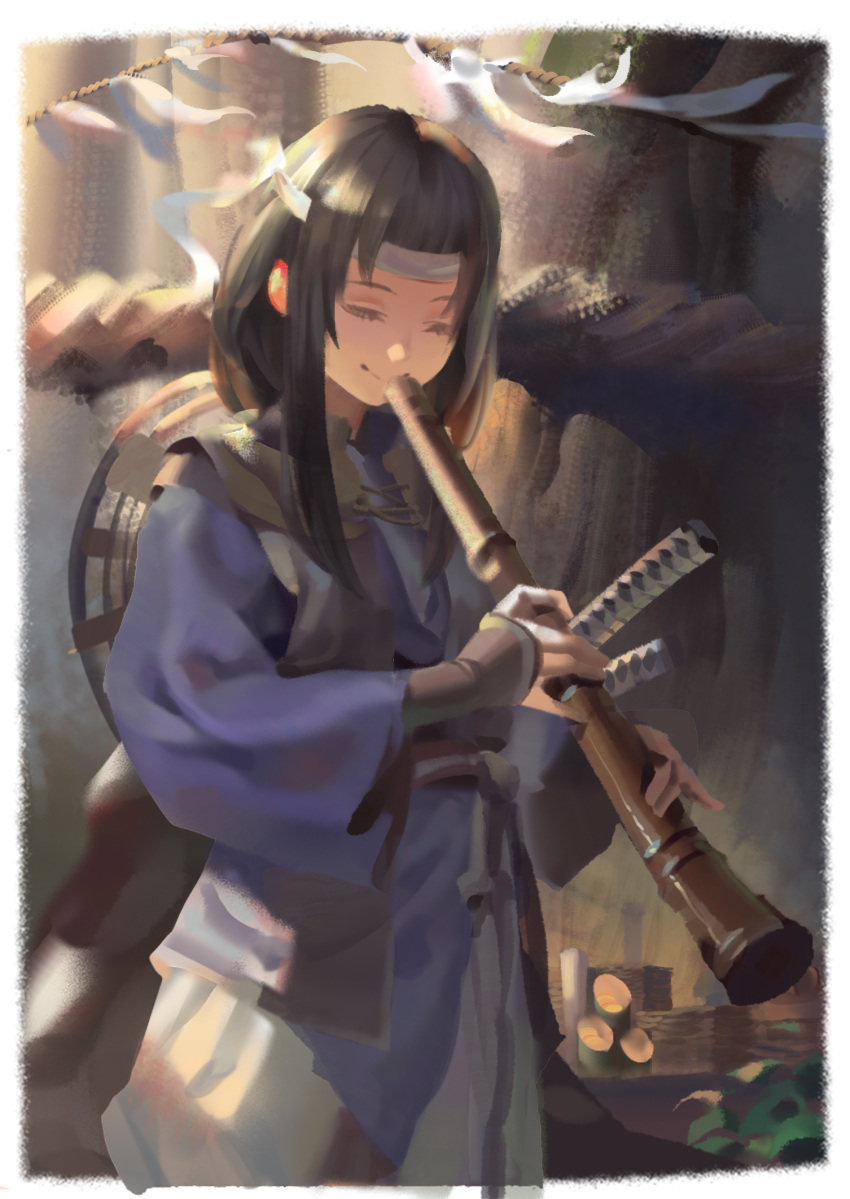 1girl bangs brown_hair character_request closed_eyes closed_mouth commentary cowboy_shot ghost_of_tsushima headband highres holding holding_instrument instrument long_hair long_sleeves music playing_instrument psi_(583278318) rope shimenawa sidelocks smile solo