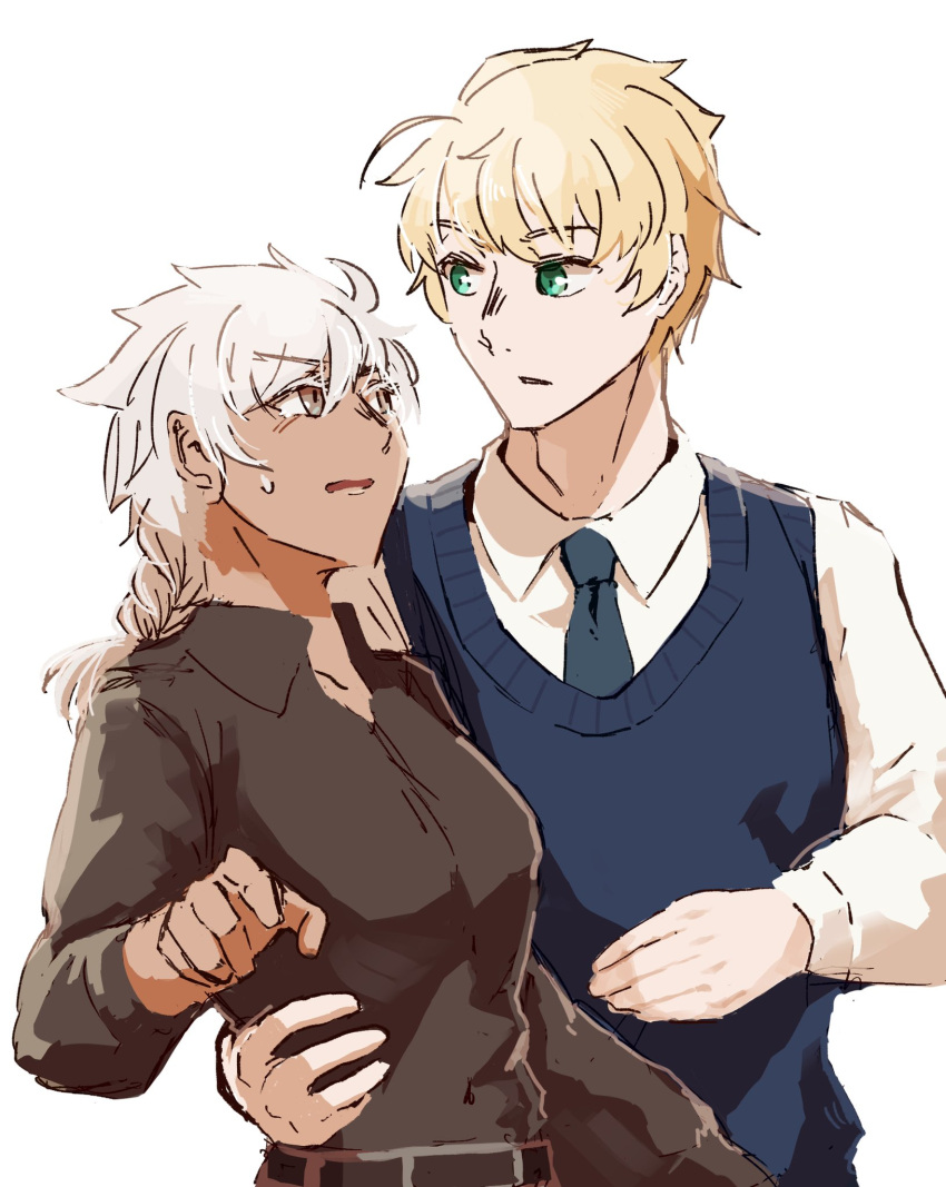 1boy 1girl ahoge archer arm_around_waist artoria_pendragon_(all) black_shirt blonde_hair braid commentary_request fate/grand_order fate/stay_night fate_(series) genderswap genderswap_(ftm) genderswap_(mtf) green_eyes grey_eyes highres looking_at_another necktie saber shirt simple_background single_braid sweater_vest upper_body white_background white_hair y_udumi