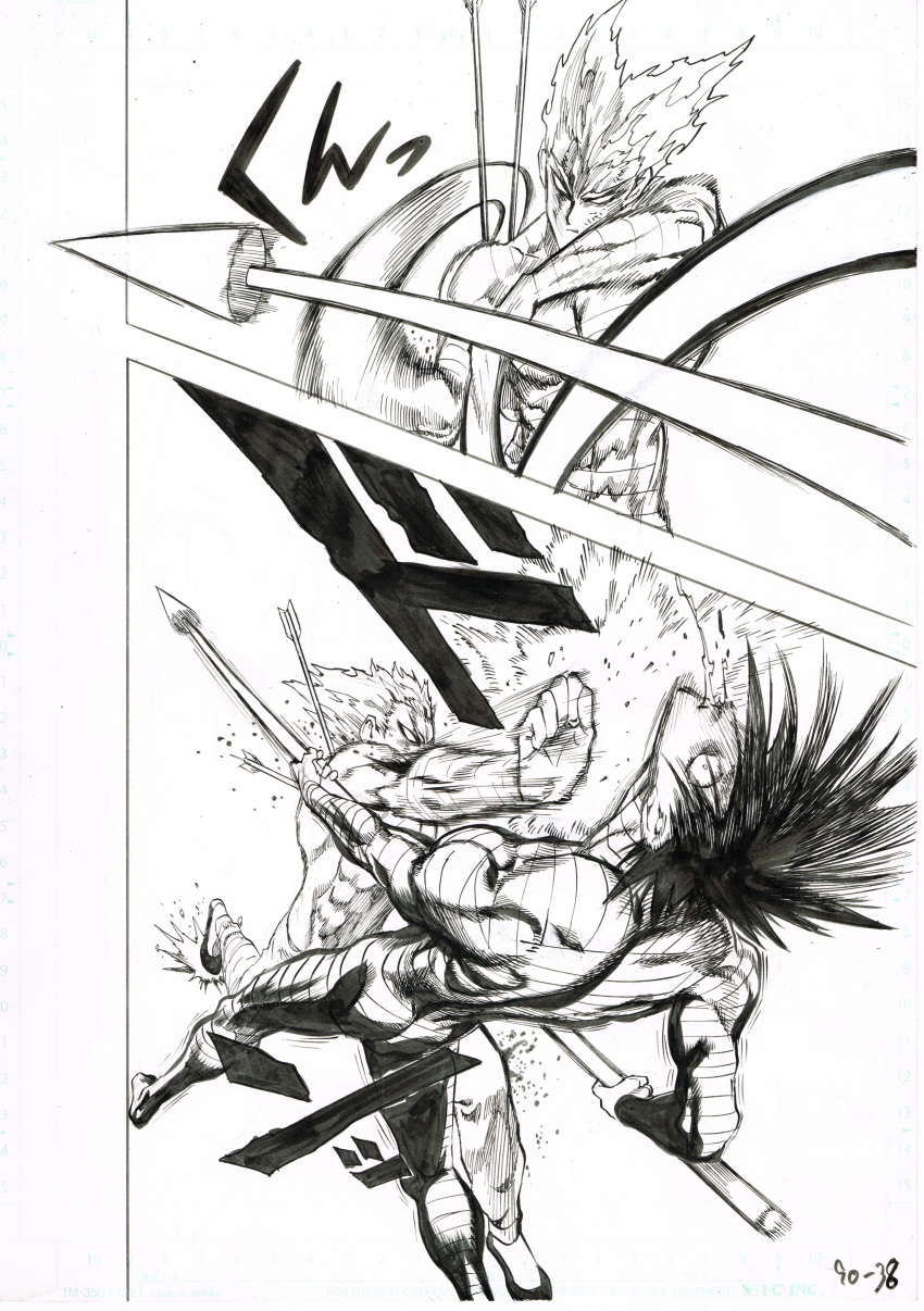 absurdres afterimage blank_eyes bodysuit fighting garou_(one-punch_man) greyscale highres holding holding_spear holding_weapon monochrome motion_blur murata_yuusuke numbered official_art one-punch_man palm_strike pointy_hair polearm scan spear stinger_(one-punch_man) traditional_media weapon wide-eyed