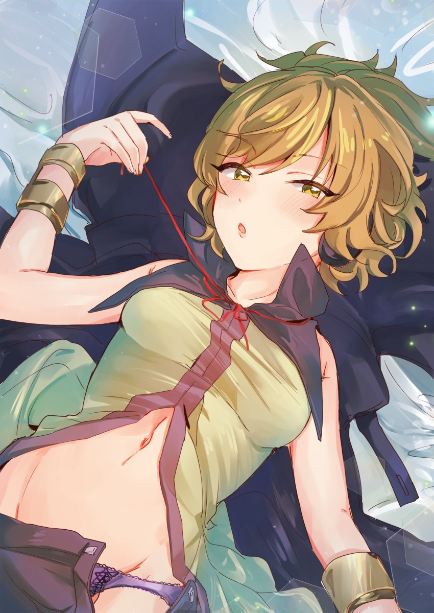 1girl :o bangs bare_shoulders beige_shirt black_cape blonde_hair blush bracelet breasts cape collarbone commentary earmuffs eyebrows_visible_through_hair groin half-closed_eyes highres jewelry lens_flare light_particles looking_at_viewer lying medium_breasts momo_(baso4) navel on_back on_bed open_fly panties parted_lips purple_panties short_hair solo swept_bangs touhou toyosatomimi_no_miko underwear upper_body yellow_eyes