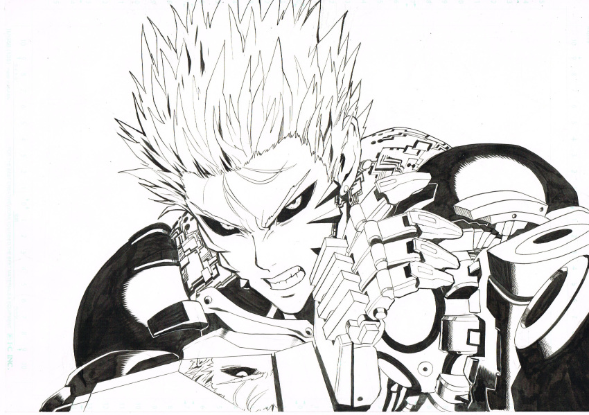 1boy android black_sclera clenched_teeth earrings frown genos highres jewelry looking_at_viewer mechanical_arm murata_yuusuke official_art one-punch_man robot scan short_hair simple_background solo teeth traditional_media upper_body v-shaped_eyebrows white_background