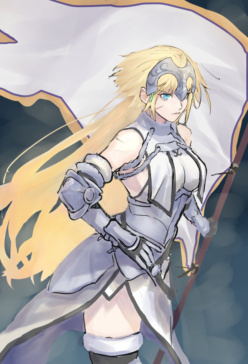 1girl bare_shoulders black_legwear blonde_hair blue_eyes breast_curtains breasts closed_mouth fate/apocrypha fate_(series) flag gauntlets headpiece highres holding holding_flag jeanne_d'arc_(fate) jeanne_d'arc_(fate)_(all) large_breasts long_hair looking_at_viewer sankomichi scar solo standing thigh-highs