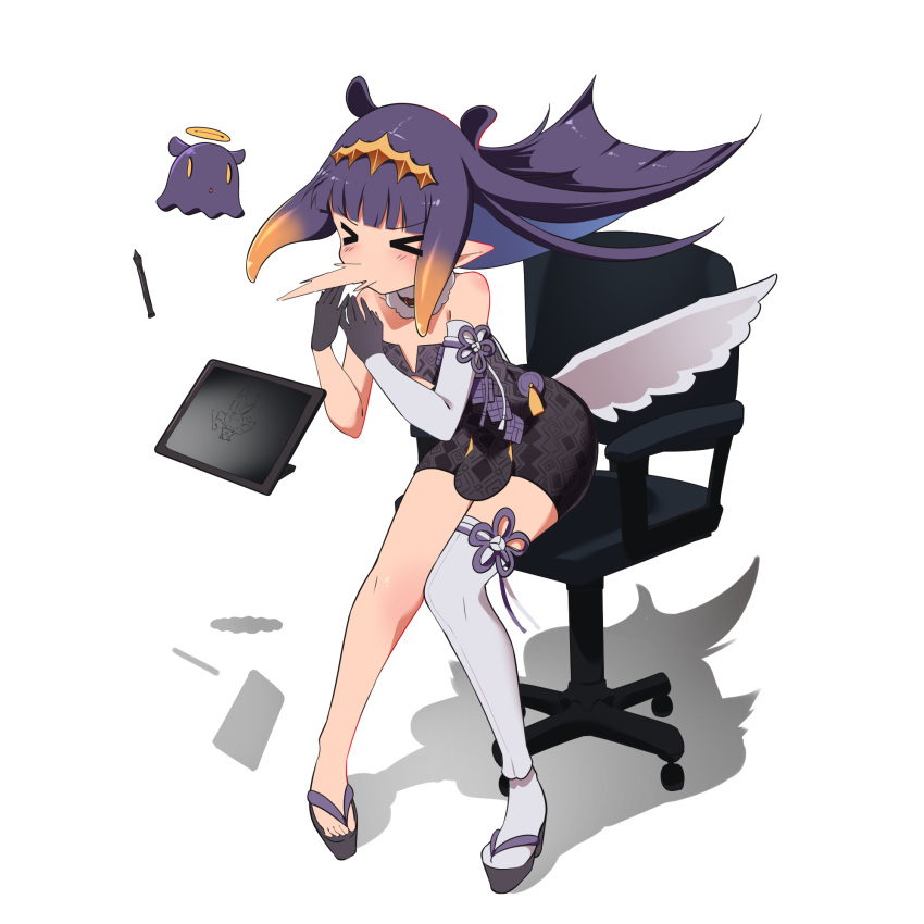 &gt;_&lt; 1girl chair drawing_tablet flat_chest flower_knot fur-trimmed_collar fur_collar halo highres hololive hololive_english mini_wings mofumancy ninomae_ina'nis office_chair okobo pointy_ears purple_hair shadow simple_background sneezing stylus tako_(ninomae_ina'nis) tentacle_hair virtual_youtuber white_background wings